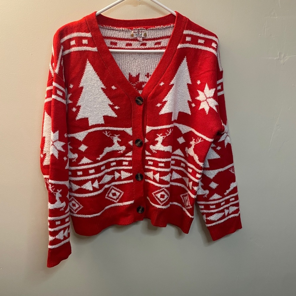 Poof! Christmas Sweater.‎  Festive Red and White Cardigan size Large